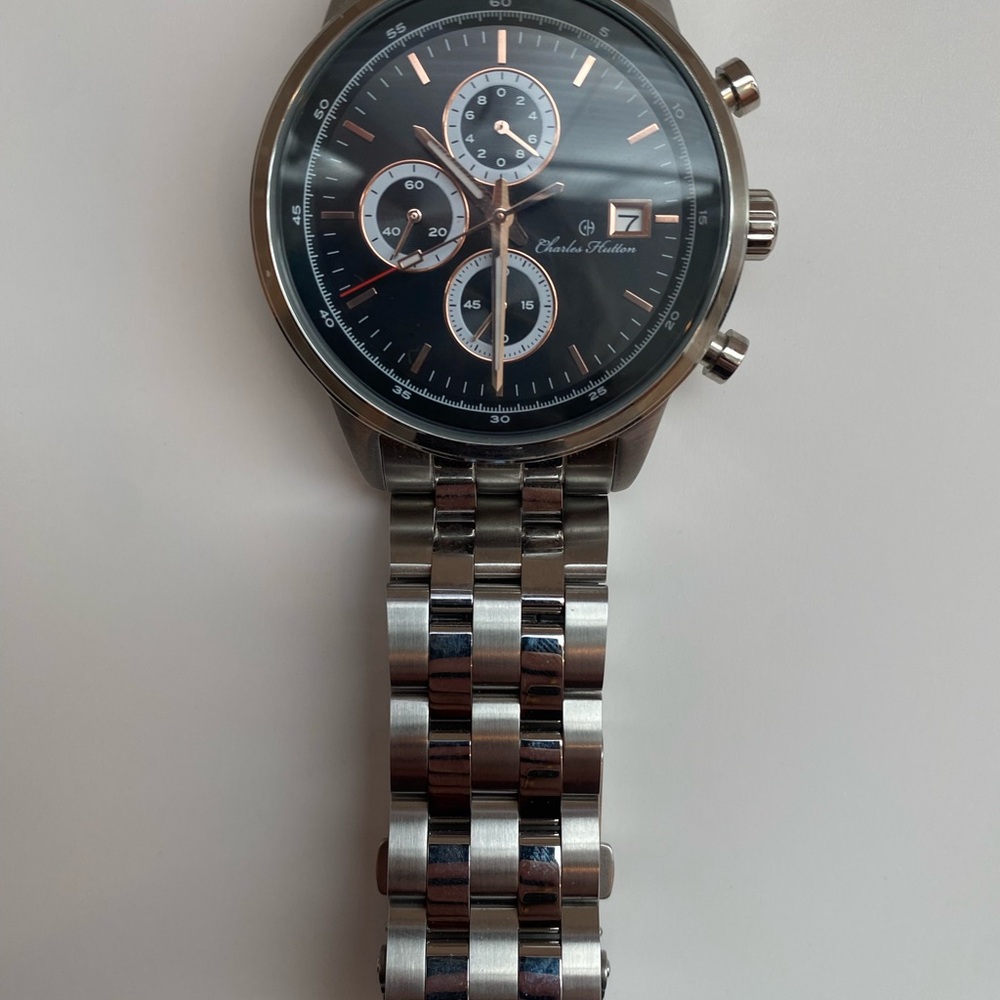 Silver and Black Chronograph Watch with Stainless Steel Band